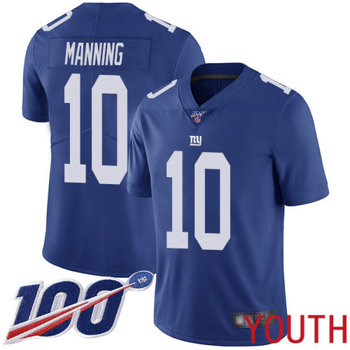 Youth New York Giants #10 Eli Manning Royal Blue Team Color Vapor Untouchable Limited Player 100th Season Football NFL Jersey->youth nfl jersey->Youth Jersey